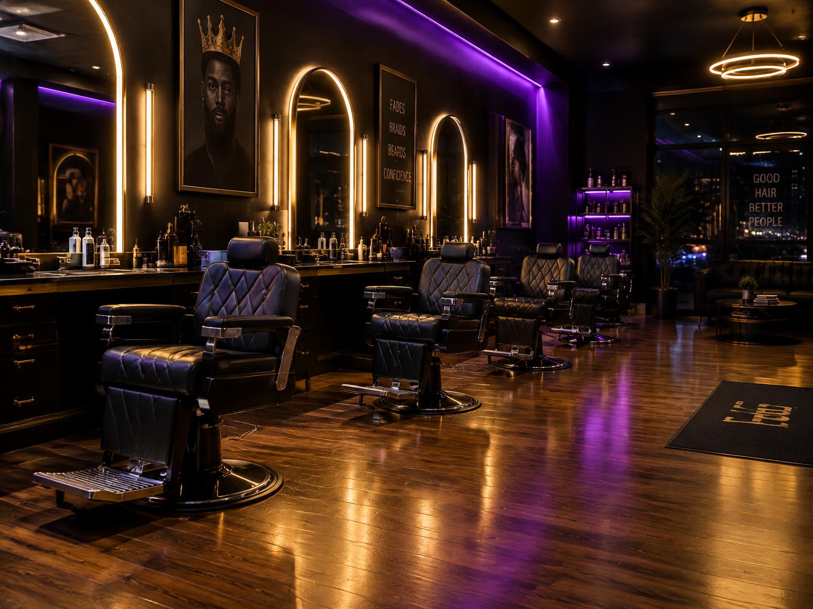Interior of Erby's Barber & Braid Salon with black barber chairs and gold-lit mirrors